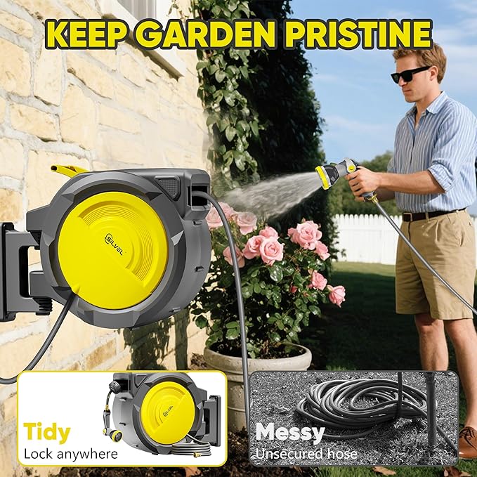 SILVEL Retractable Garden Hose Reel – 1/2 in x 150FT Heavy Duty Automatic Hose Reel Wall Mounted, UV Resistant with 10 Pattern Nozzle, Any Length Lock & Slow Return System, 180°Swivel Bracket, Yellow