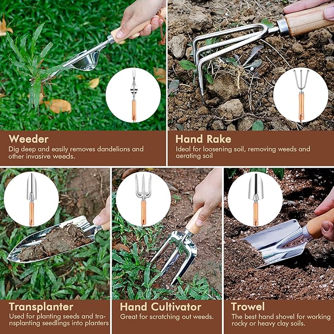 Gardening Tools - YAUNGEL 10 Pcs Garden Tool Set, Heavy Duty Stainless Steel Gardening Supplies Hand Tools with Wooden Handle, Storage Tote Bag, Ideal Garden Gifts for Women and Men, Pink