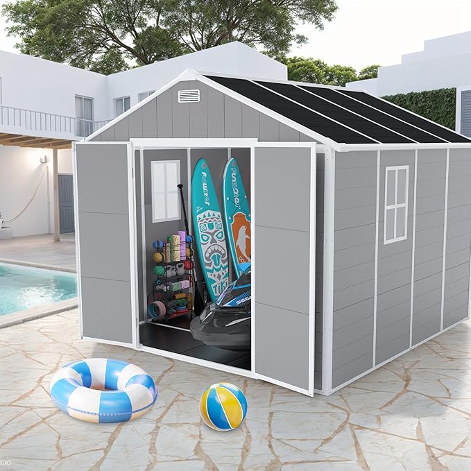 8x8 FT Resin Storage shed, Outdoor Storage Sheds with Floor, Window, Lockable Doors and Vents, 12mm Thick pp Board, Large Storage Space Tool Shed for Lawn, Backyard, Patio (Gray, 8 * 8ft)