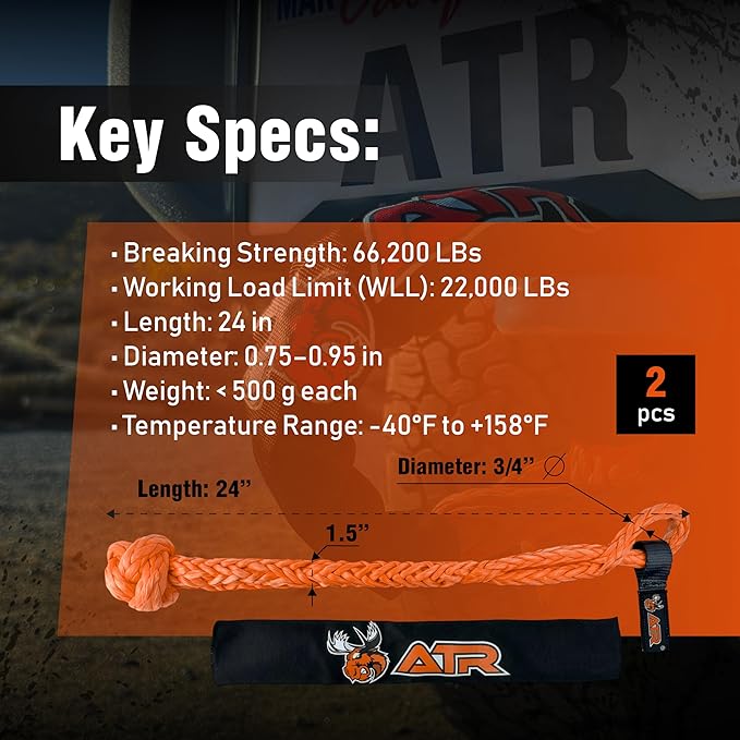 ATR Soft Shackles 3/4” x 24” (2 Pack, Orange) – 66,200 lbs Synthetic Rope Recovery Shackles – Heavy-Duty UHMWPE Tow Connectors for Off-Road 4x4, Jeep, Truck, ATV, UTV