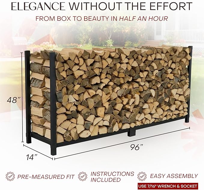 Woodhaven 8-Foot Firewood Rack – Made in USA – 1/2 Cord Raised Lumber Storage Rack – Keeps Wood Dry & Ready – Heavy-Duty Steel, Lifetime Structural Warranty (Without Cover)