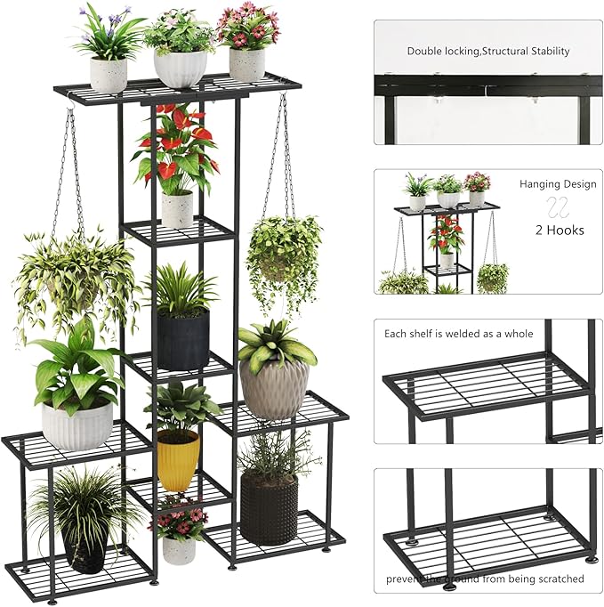 Plant Stand Indoor Outdoor, Metal 6 Tier Tall Hanging Plant Shelf for Multiple Flower Planter Large Heavy Duty Ladder Plant Holder for Garden, Black (y-201)