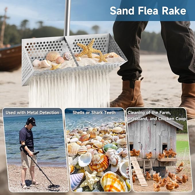SAN LIKE Sand Scoop for Metal Detecting Stainless Steel Sand Sifter Shovel 52.4in Long Handle Sand Scoop with Shovel for Metal Detecting Sand Sifter for The Beach Sand Flea Rake for Beach