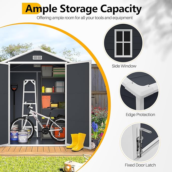 HUGROVE 6×4 Outdoor Storage Shed with Floor, Waterproof & UV-Resistant Resin Garden Shed for Backyard, Plastic Tool Shed with Lockable Double Doors, Air Vents & Side Window (Charcoal)