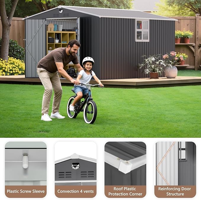 10x12 FT Outdoor Storage Shed, Metal Sheds & Outdoor Storage, Waterproof Sheds with Lockable Doors for Backyard