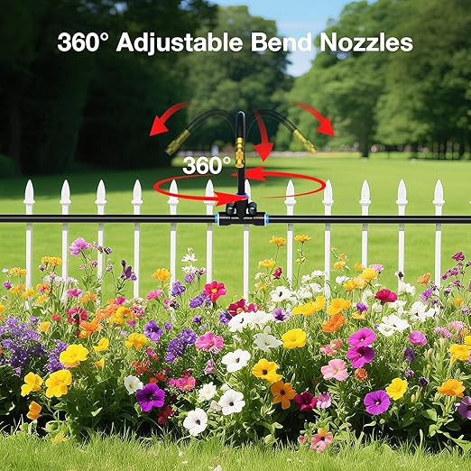 MIXC 100Ft 1/4" Drip Irrigation System,2025-Upgrade Garden Irrigation Kit with 16pcs Adjustable Copper Nozzles,Automatic Atomizing Watering Sprinkler System for Outdoor,Raisedbed,Lawn,Greenhouse