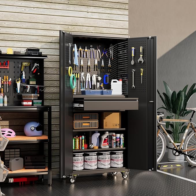 71" H*15" D*30" W Garage Storage Cabinet with Wheels and Doors,Lockable Metal Storage Cabinet with Pegboard Hooks and Drawer for Garage Warehouse Home,Required Assembly,Black