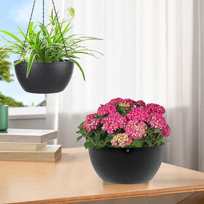 13 inch Hanging Pots with Drainage Holes and Chain, Plastic Hanging Flower Pots for Garden Home Decor, Black