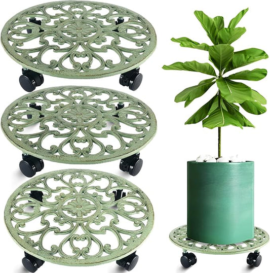 3 Packs 14 Inch Rolling Plant Stand with Wheels Metal Plant Caddy with Wheels Heavy Duty Round Plant Stand Indoor Iron Plants Rollers for Plants, Plant Dolly Retro Green