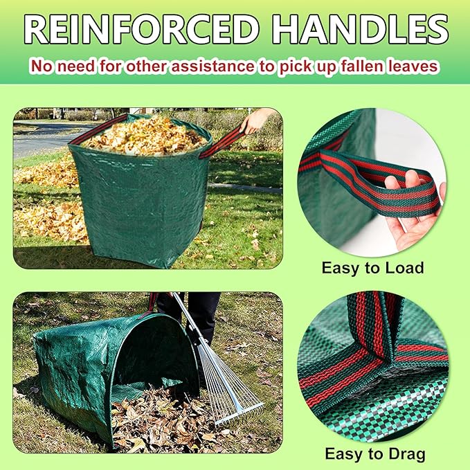 Rake for Leaves, Adjustable Small Leaf Rakes for Lawns, 53 Gallon Reusable Yard Waste Bags with Reinforced Carry Handles, Metal Leaf Rake for Yard, Gardening Outdoor Camping Grass Weed