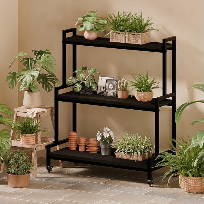 Plant Stand Indoor with Wheels 37” H, Rolling Plant Shelf Rack Outdoor,Metal Plant Stands with Solid Wood for Multiple Plants,Industrial Ladder Plant Flower Shelf for Garden,Living Room,Black