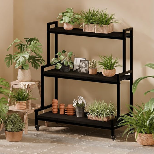 Plant Stand Indoor with Wheels 37” H, Rolling Plant Shelf Rack Outdoor,Metal Plant Stands with Solid Wood for Multiple Plants,Industrial Ladder Plant Flower Shelf for Garden,Living Room,Black