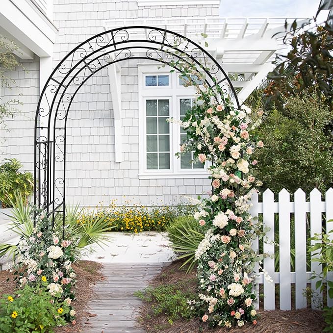 7FT Heavy Duty Steel Garden Arbor with Side Garden Trellis, Rust-Resistant Powder Coated Wedding Arch Archway for Backyard, Vine Plants & Outdoor Decor - Includes Ground Stakes & Easy Assembly