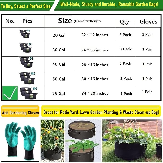 3-Pack 75 Gallon Thickened Plant Grow Bags Large (34x20 in) Heavy Duty Garden Bag Fabric Plant Pots for Tomato,Potato Planter,Herbs Veggies Planting,Flower Pots,Barrel Planter,Yard Waste Bag,Leaf Bags