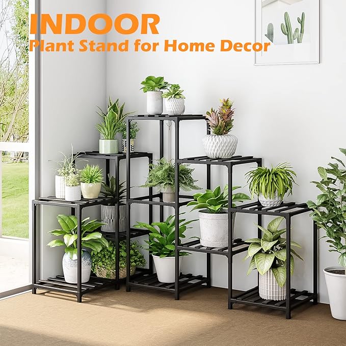 Bamworld Outdoor Plant Stand Indoor Black Corner Shelf 5-Tier 11 Potted Flower Shelves Wooden Garden Wood Plant Holder Rack for Living Room Lawn Window