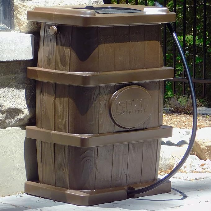 FCMP Outdoor Slim Line Design 45-Gallon Wood Grain Outdoor Home Rain Water Catcher Barrel Flat Back Container with Spigots and Mesh Screen, Brown