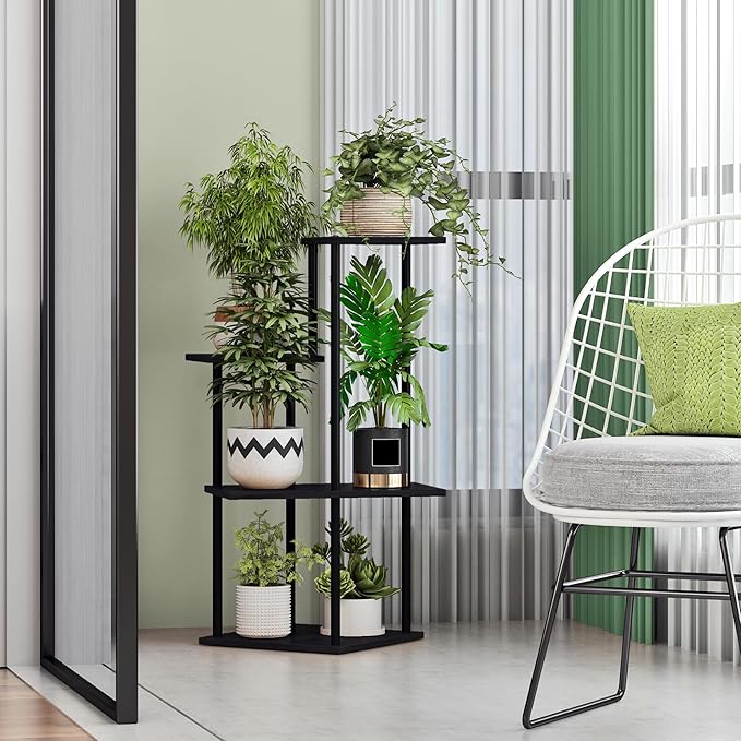 Plant Stand Indoor, 4-Tier Modern Plant Shelf for Multiple Plants, Wood Metal Flower Holder for Living Room Balcony Bedroom, Black