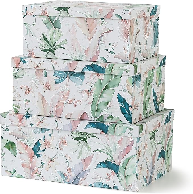 Soul & Lane Decorative Cardboard Storage Boxes with Lids for Home Decor and Organization, Set of 3 Large Keepsake Boxes for Memories & Gifts, Nesting Floral Photo Storage Containers, Jardin Jewel