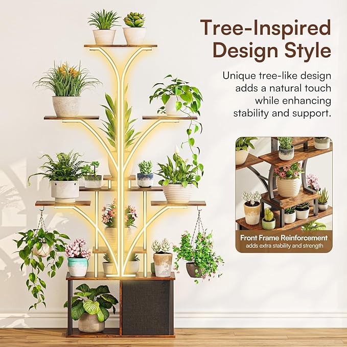 Tree-shaped 63" Tall Plant Stand Indoor with Grow Light 3 Color Modes - 10 Tiered Plant Shelf with Drawer, 10 Brightness Levels, Timer, Wide Base, Lighted Corner Plant Stands for Living Room, Balcony