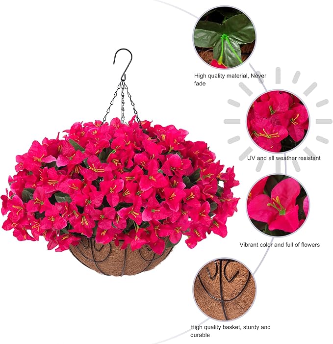 Artificial Fake Hanging Flowers Plants Basket for Outdoors Spring Summer Decoration, Faux Silk Bougainvillea Flowers in Planter UV Resistant Realistic for Outside Porch Patio Garden Yard Home, Hotpink