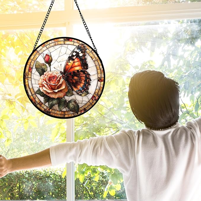 Stained Glass Window Hanging, Butterfly Picking Flowers Suncatcher for Doors Home Sun Catchers Decoration and Christmas, Mother's Day Birthday Gifts for Women, Men, and Mom 7.8 in