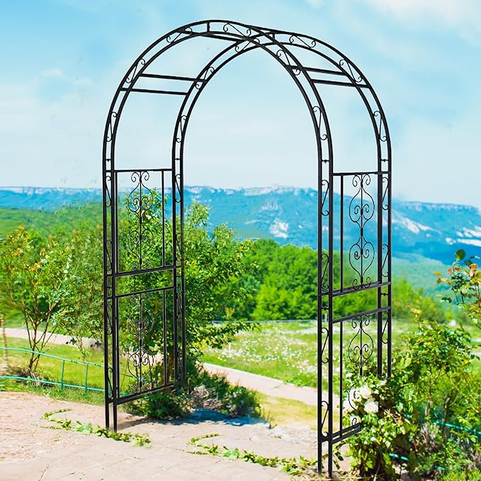 7FT Black Garden Arbor Trellis, Outdoor Metal Garden Arch for Climbing Plants Flowers Vines, Metal Lightweight Wedding Decoration Frame Archway for Lawn Bridal Party Ceremony Holiday Event
