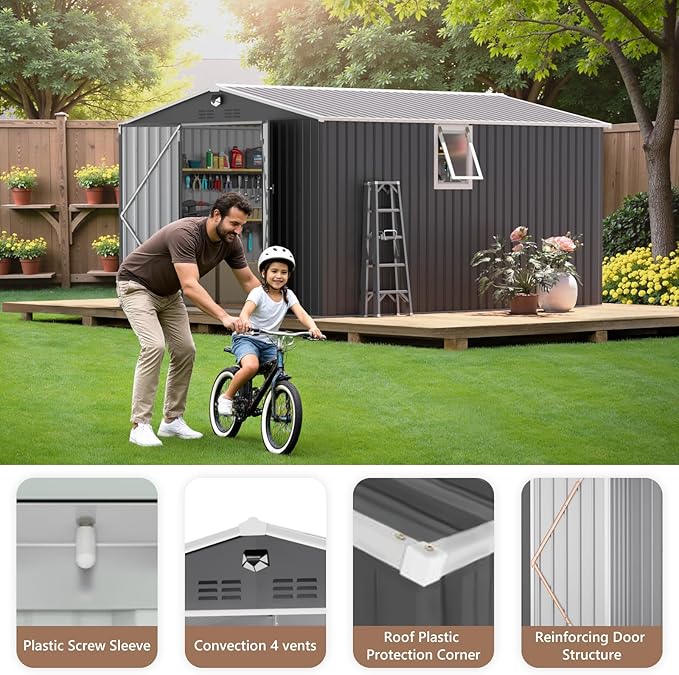 10x12 FT Outdoor Storage Shed, Metal Garden Shed - Tool Storage Sheds with Lockable Doors & 1 Vented Clear Window, Waterproof Outside Storage Building for Backyard, Patio (Black; Floor Not Included)