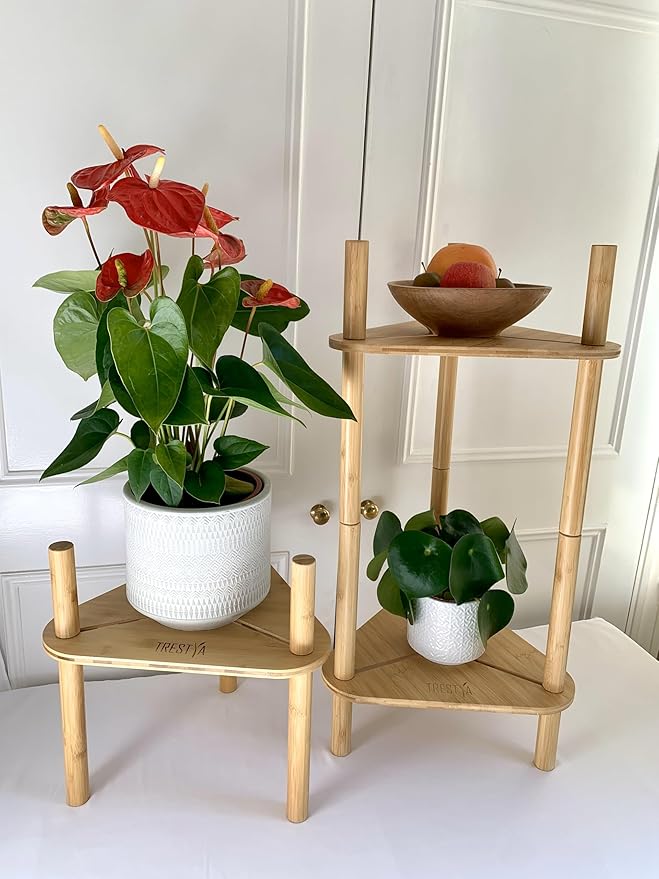 Adjustable Plant Stand for Indoor Pots – Bamboo Wood, Height & Width Adjustable (No Tools Needed), Fits Small & Large Pots Sizes 3 to 12 inches (Not Included), Mid-Century Modern Style
