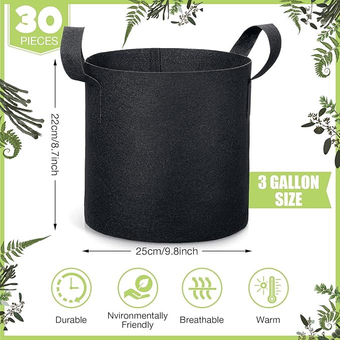 Boao 30 Pack 3 Gallon Grow Bags Aeration Fabric Pots for Plants with Handles Thickened Non Woven Grow Pots Bulk Plant Bags for Garden Vegetable Flower