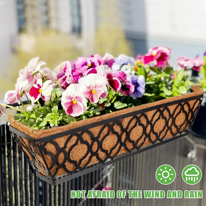 Y&M 6pcs 30 Inch Window Deck with Coco Liner, Fence Metal Hanging Flower Planter Window Basket Deck Railing Planter Boxes for Outdoor Garden Lawn,
