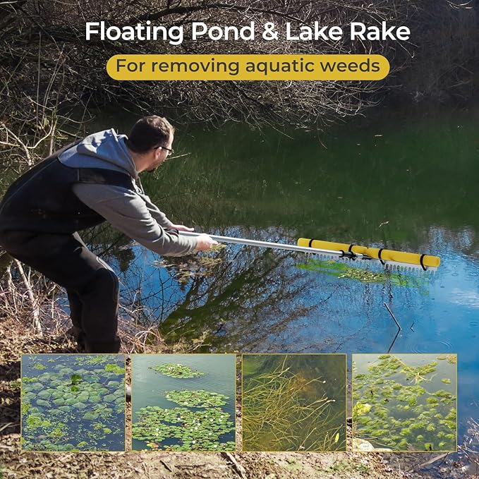 Goplus Floating Weed Lake Rake, 36" Aluminum Multifunctional Detachable Landscape Rake with Extension Handle, 20 FT Rope and Float, Weed & Algae Removal of Leaves, Floating Scum, Aquatic