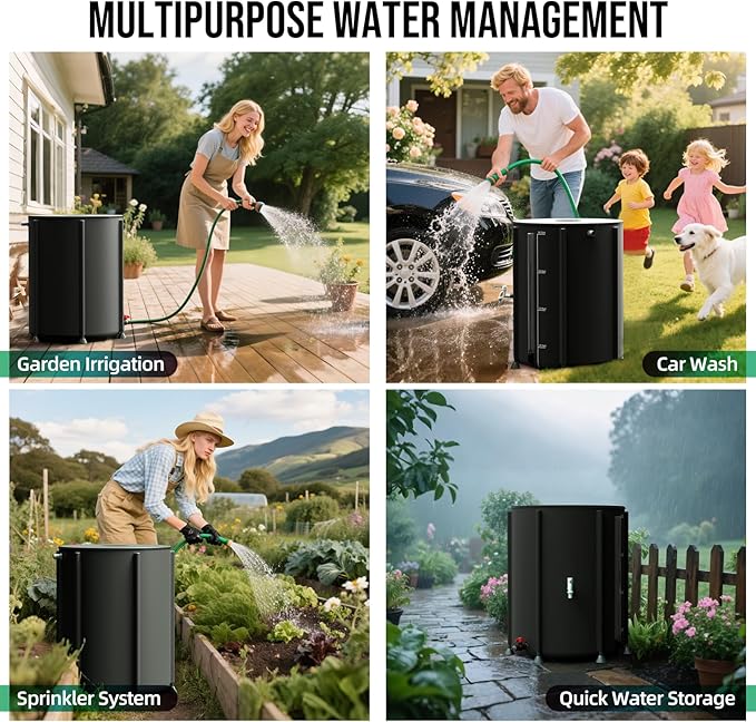 Collapsible Rain Barrel Water Collection System - 53 Gallon Portable Water Storage Tank,Foldable Rainwater Collect System Downspout, Water Catcher Container with Filter, Spigots＆Overflow Kit,Black