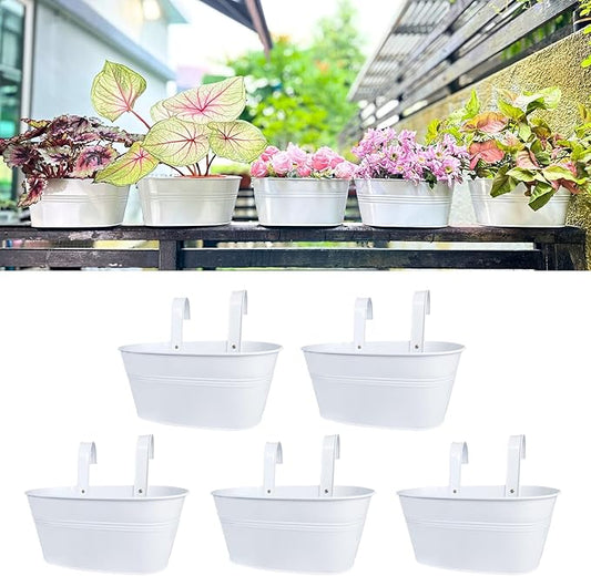 LaLaGreen Rail Planter Outdoor Plants (5 Pack, 11.8 Inch) White Metal Iron Hanging Flower Pots Deck Railings Fence Buckets Modern Countryside Boho Style Wall Mount Window Box Holder Hooks Porch Decor