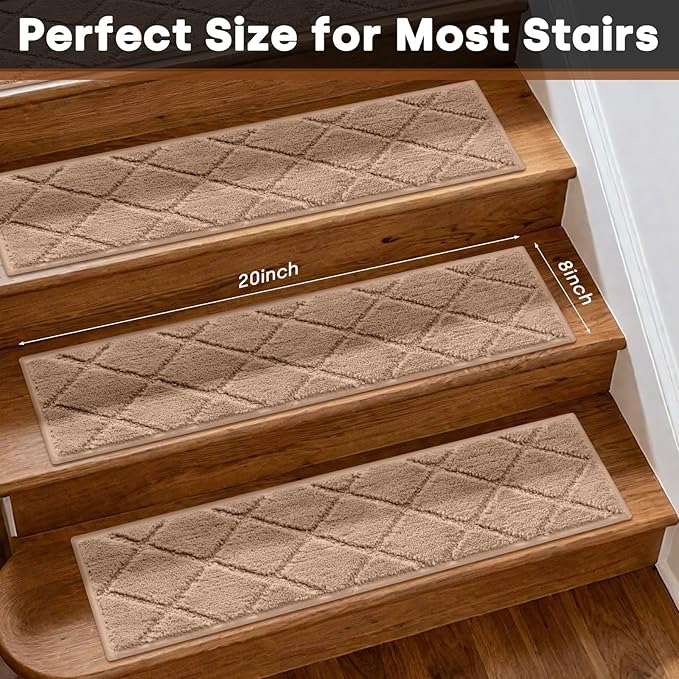 JOENIE Non-Slip Edging Stair Treads Carpet Mat 30inX8in Indoor Stair Runners for Wooden Steps, Edging Stair Rugs for Kids and Dogs, 100% Polyester TPR Backing (Beige, 4pc)