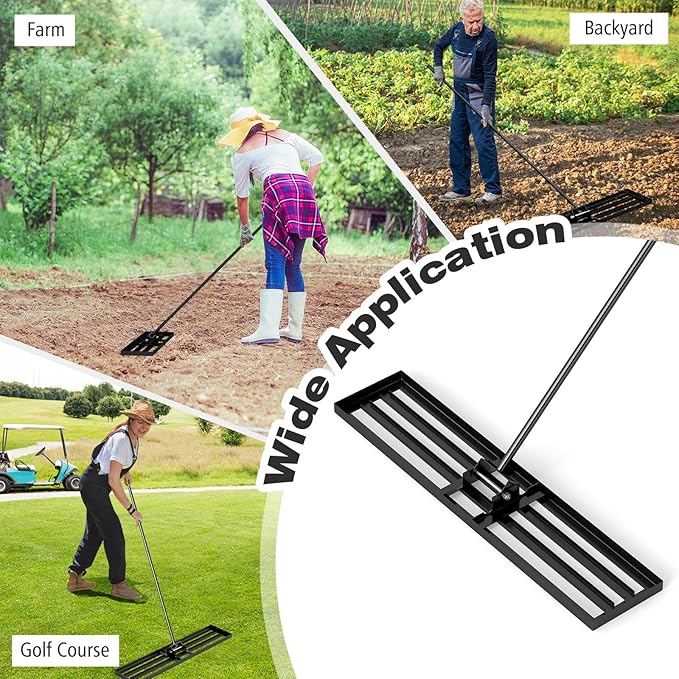 46" x 10" Lawn Leveling Rake, Heavy Duty Landscape Rake with 67" Handle, Non-Slip Grip & Flat Head, Space-Saving Lawn Level Tool for Garden, Backyard, Golf Course & Sports Field(Black)