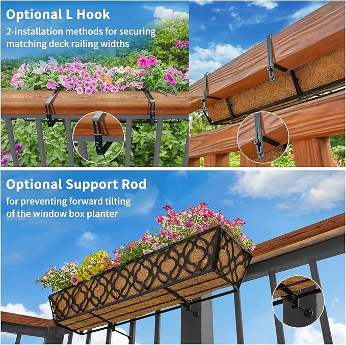 Y&M 24-Inch Window Planter Box 2Pcs Iron Deck Railing With Coco Liner, Metal Horse Troughs for Outdoor Balcony Rail Fence Porch Patio