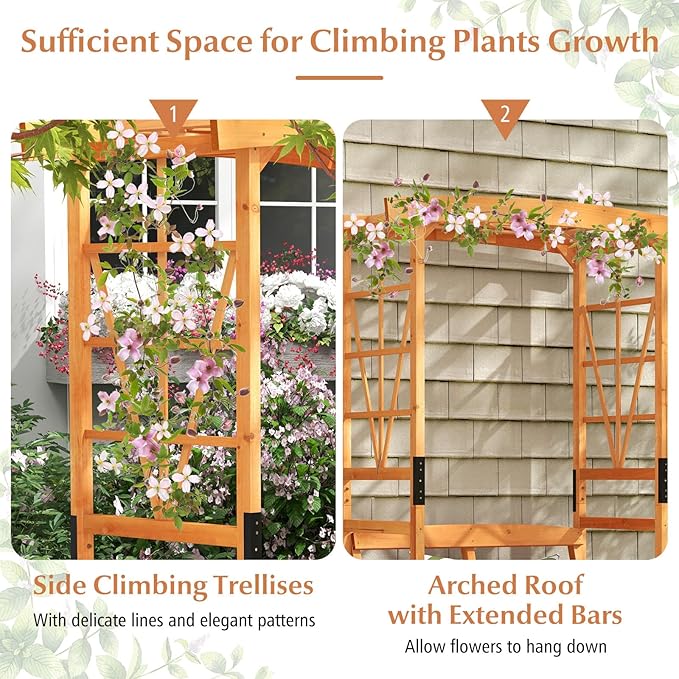 Giantex Garden Arbor with Bench - Wooden Garden Arch Trellis for Climbing Plants Vines, 2-Person Outdoor Bench, 48''W x 75''H Patio Archway for Lawn Wedding Party Ceremony Backyard Decor