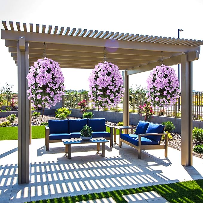 INQCMY Artificial Hanging Flowers with Basket for Outdoor Garden Spring Decoration,Faux Silk Begonia in Planter Look Real UV Resistant for Outside Home Porch Patio Balcony Yard Decor(Light Purple)