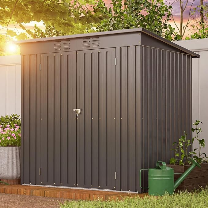 6x4 FT Outdoor Storage Shed, Metal Garden Shed with Frame Floor, Outside Tool Shed with Lockable Hinged Doors, Waterproof Storage Building with Sloped Roof for Backyard, Patio, Lawn, Black