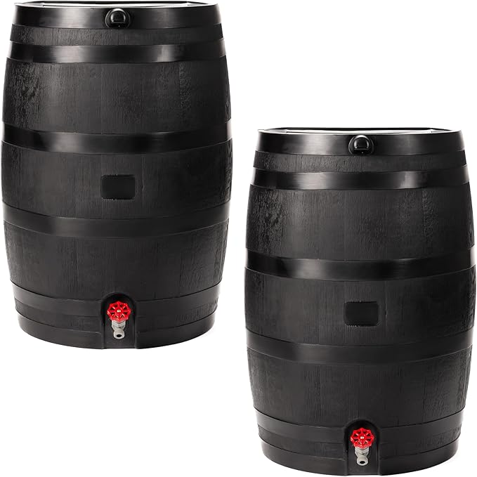 RTS Home Accents 50-Gallon ECO Rain Barrel Made with 100% Recycled Plastic, Flat Back Rain Water Collection Barrel, Link Kit Included, Black (2 Pack)