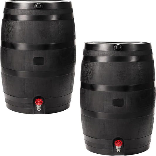 RTS Home Accents 50-Gallon ECO Rain Barrel Made with 100% Recycled Plastic, Flat Back Rain Water Collection Barrel, Link Kit Included, Black (2 Pack)