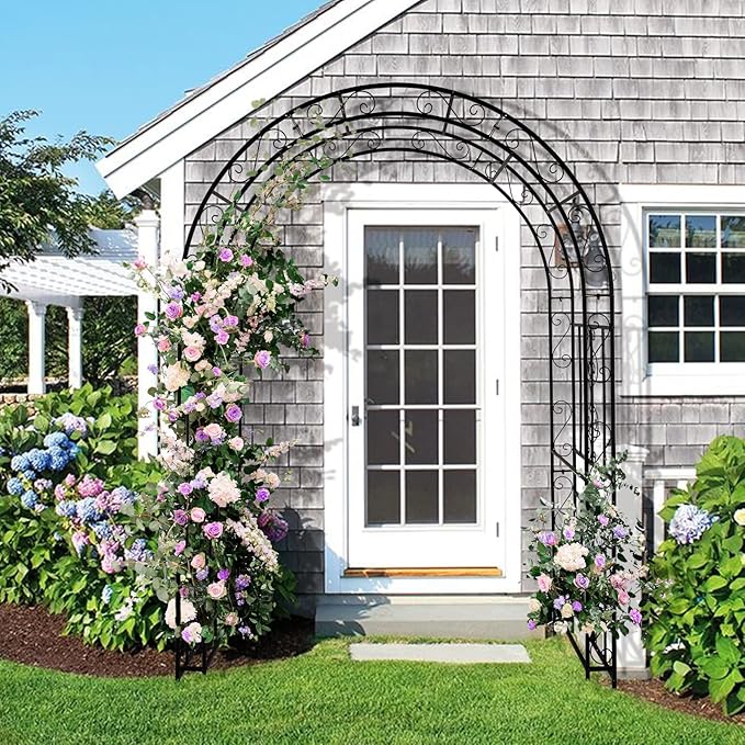 7FT Heavy Duty Steel Garden Arbor with Side Garden Trellis, Rust-Resistant Powder Coated Wedding Arch Archway for Backyard, Vine Plants & Outdoor Decor - Includes Ground Stakes & Easy Assembly