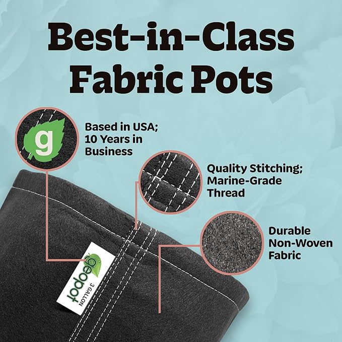 GeoPot 3 Gallon Fabric Grow Bags - 10 Pack - Black - Indoor/Outdoor - Aerated Fabric Pots for Vegetables, Herbs, Flowers & Houseplants