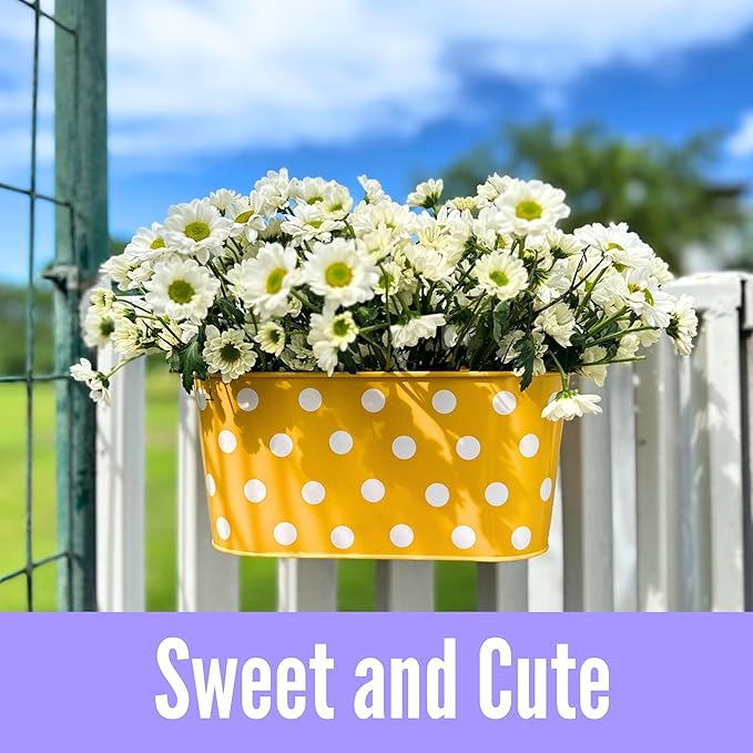 LaLaGreen Outdoor Hanging Planter (11.2 Inch, 6 Pack) Light Blue, Neon Pink, Dark Purple, Yellow, Red Cute Metal Iron Flower Pots Bucket Colorful Polka Dot Herb Deck Railing Fence Bucket Patio Decor