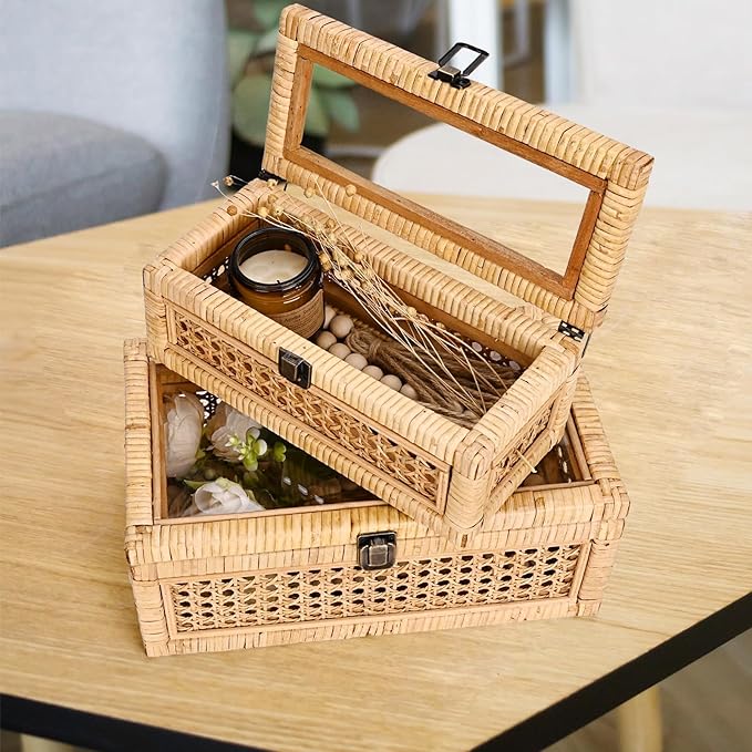 Rattan Decorative Box with Lid, Rectangular Woven with Glass for Display, Set of 2 Wicker for Decor
