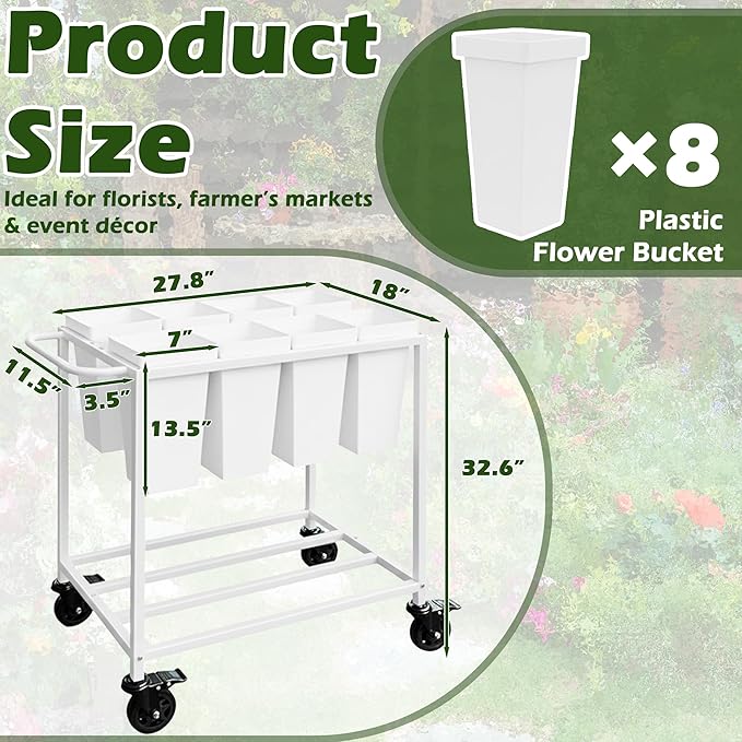 Flower Cart with 8 Buckets,Flower Cart Display Stand with Wheels,Bloom Bar,Flowers Stand for Wedding ,Party and Home Decor (White)