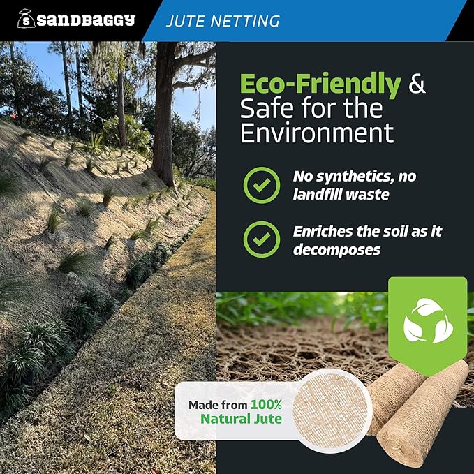 Sandbaggy Jute Netting Roll, 8 ft x 112ft - Biodegradable Erosion Control Blanket for Slopes, Hills & Drainage, Eco-Friendly, Durable Soil Stabilizer, Contractor-Approved for Landscaping (5 Rolls)