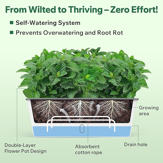 Self Watering Pots for Indoor Plants Outdoor, Rectangular Planter Window box 16.5 Inch 2 Pack, Water Level Window Prevents Overwatering for Herbs Strawberry Succulents Vegetable Basil Flower Garden