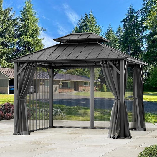 Universal Gazebo Mosquito Netting 10'x10' Replacement, 4-Panel Screen Walls with Double Zipper for Outdoor PatioCanopy Garden Gazebos, Dark Gray and Black