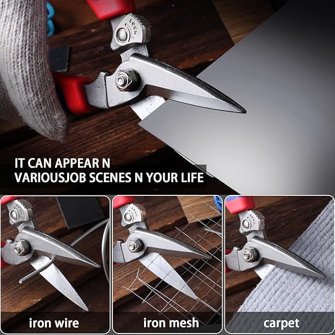 Heavy Duty Industrial Scissors: Utility Sharp Aviation Tin Snips for Cutting Thin Metal Sheet, Fine Iron Wire, Wires, Plastic, Rubber Hose, Carpet, Cardboard （8'' Blue）